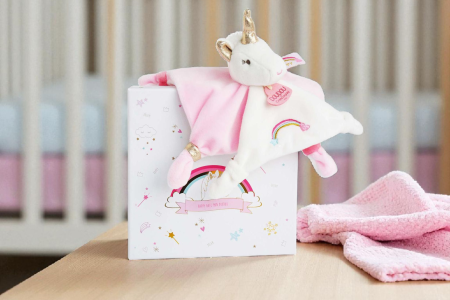 Doudou plat Licorne rose et blanche
