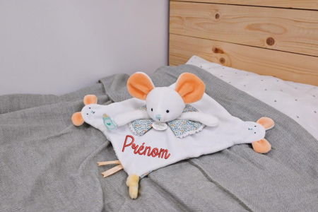 Doudou plat souris blanc avec marionnette à doigt