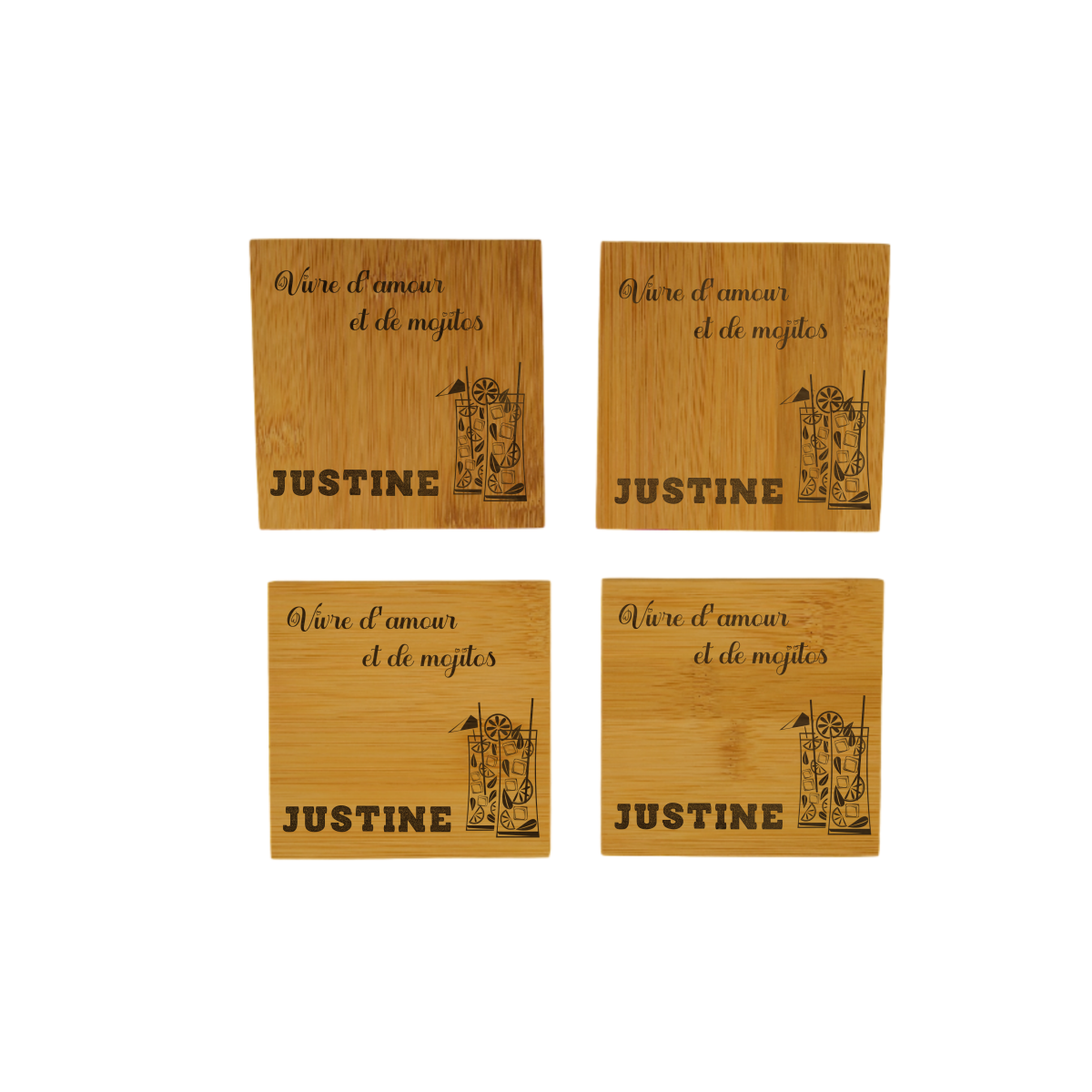 Lot de 4 sous-verres bambou personnalisés gravés 10x10 cm - Nos petits Lot de 4 sous-verres bambou personnalisés gravés 10x10 cm - Nos petits