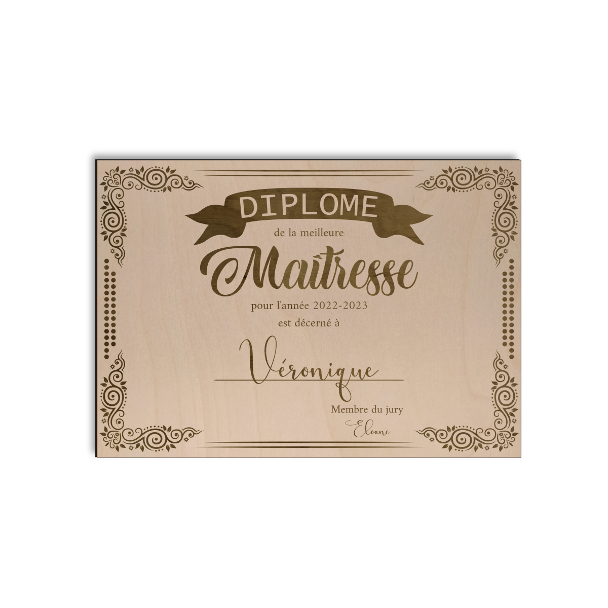 Diplôme en bois gravé - Maîtresse / Nounou / ATSEM